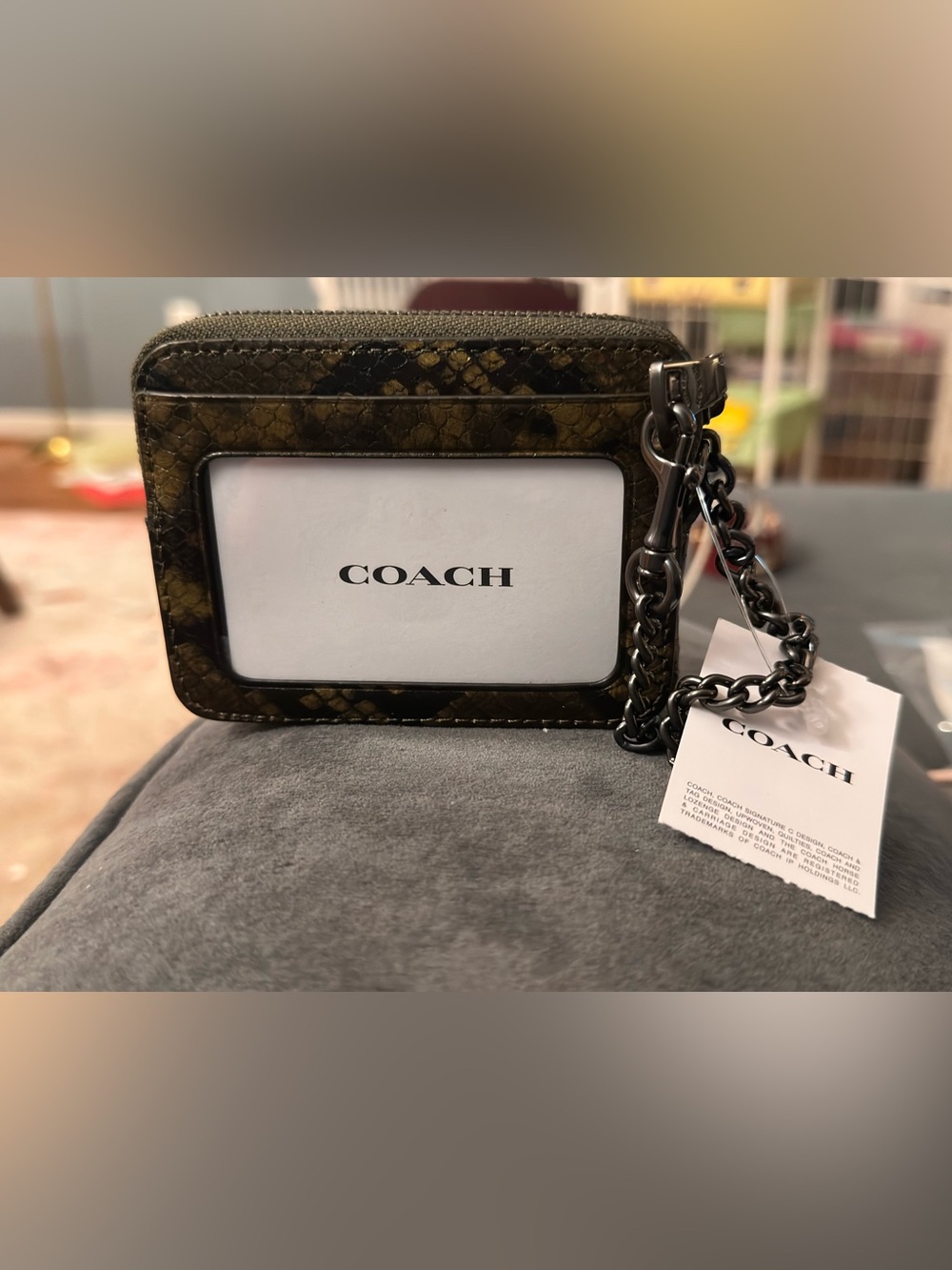 Coach Zip Card Case Wallet With Snake Print Leather - Gunmetal/Olive nwt - Picture 3 of 14